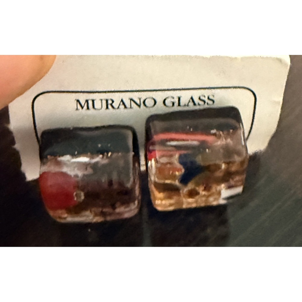 Gorgeous Vintage Italy Murano Glass Square Earrings Gold Foil Sparkly - Picture 2 of 2
